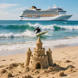 A beach scene with a sandcastle in the foreground, a surfer 