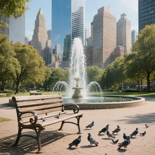 A city park with a park bench and pigeons in the foreground,