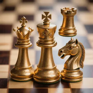 Five chess pieces on a board: a king in the center, a queen 