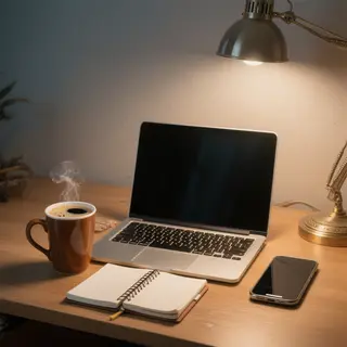 A desk scene: laptop in the center, coffee mug to the left, 