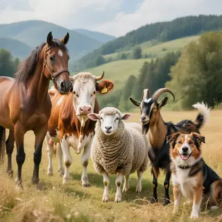 Five animals in a field: a horse on the far left, a cow to t