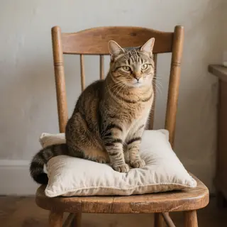 A cat sitting on a pillow, the pillow placed on a wooden cha