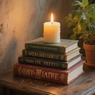 A candle on top of a stack of books, the books next to a pot