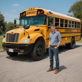 A person standing next to a yellow school bus, showing reali