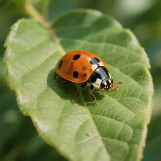A ladybug sitting on a large green leaf, shown at realistic 