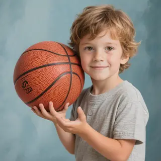 A child holding a basketball, both at correct relative sizes