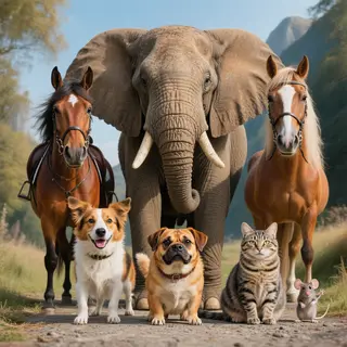 A group photo of an elephant, a horse, a dog, a cat, and a m