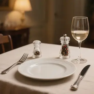 A dinner table scene with a plate, fork, knife, wine glass, 