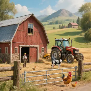 A farm scene with a barn, tractor, farmer, cow, chicken, and