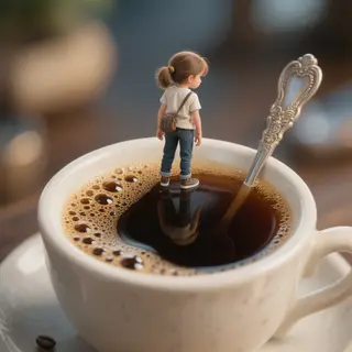 A tiny person standing on the rim of a coffee cup, looking d