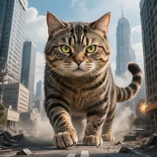 A giant tabby cat walking between city skyscrapers like a ka