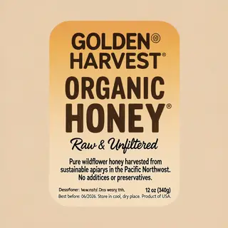 A product label for 'GOLDEN HARVEST ORGANIC HONEY' with subt