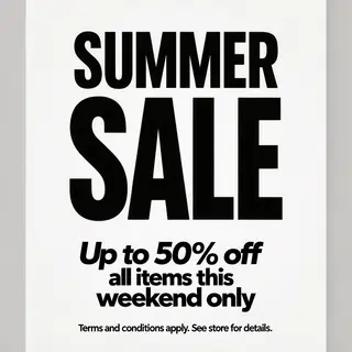 A poster with headline 'SUMMER SALE' in large bold text, bod