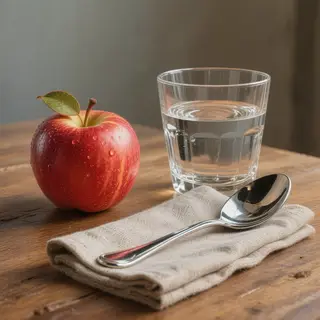 A still life on a wooden table featuring a clear glass of wa