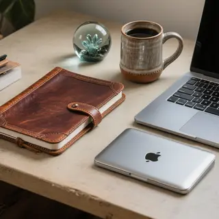 A workspace desk with a brushed aluminum laptop, a leather-b