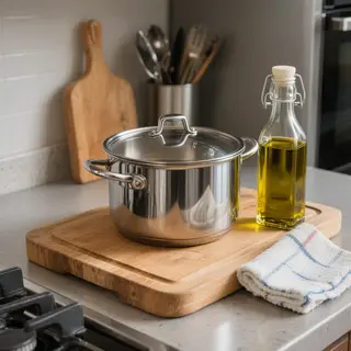A kitchen counter with a stainless steel pot, a wooden cutti