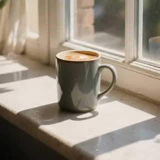 A coffee mug on a sunny windowsill casting a sharp shadow to