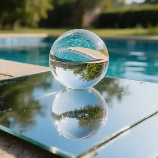 A clear glass sphere sitting on a mirror surface near a pool