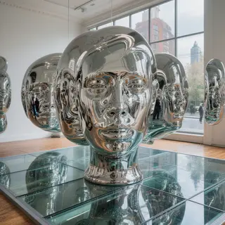 A chrome sculpture in a room with a glass floor and large wi