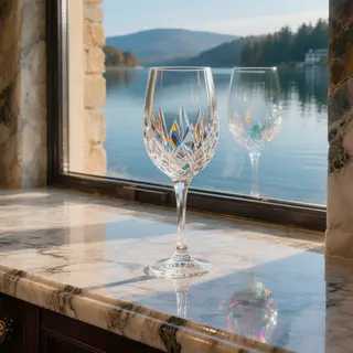 A crystal wine glass on a polished marble counter next to a 