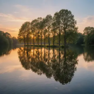 A row of trees reflected in a calm lake at sunset, with the 
