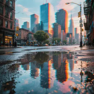 A city skyline reflected in a rain puddle on a street, with 