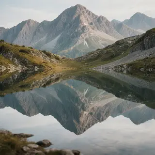 A mountain range reflected in a still alpine lake, with the 