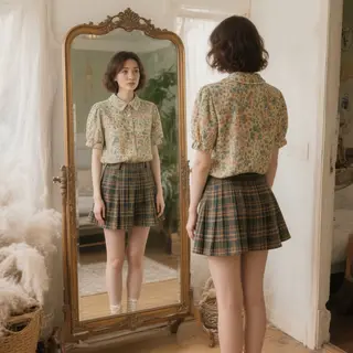 A woman standing in front of a full-length mirror, her refle