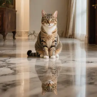 A cat sitting on a polished marble floor with its reflection