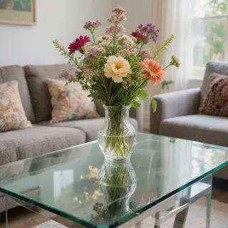 A vase of flowers on a glass table with a clear reflection v
