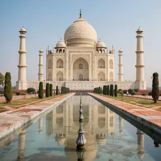 The Taj Mahal in Agra seen from the reflecting pool, with ac