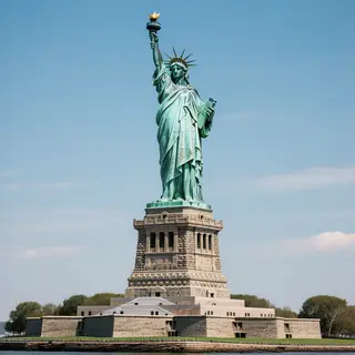 The Statue of Liberty on her island pedestal, with correct t
