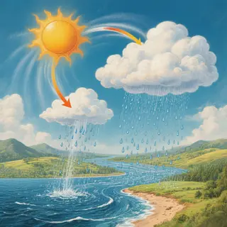 A detailed diagram of the water cycle showing evaporation fr
