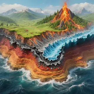 A cross-section showing tectonic plates at a convergent boun