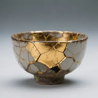 A Japanese kintsugi bowl — cracked ceramic repaired with vis