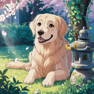 A golden retriever sitting in a garden, rendered in Japanese