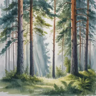 A forest rendered in photorealistic watercolor — the detail 