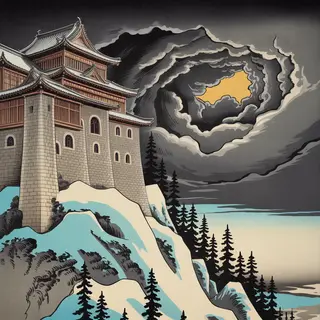 A medieval castle depicted in Japanese ukiyo-e woodblock pri
