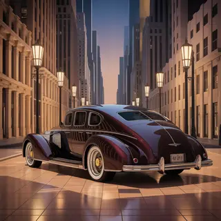 A city street scene in the style of Art Deco — geometric sha