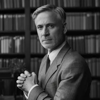 A portrait of a middle-aged man with a calm, serious express
