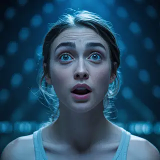 A portrait capturing genuine surprise — raised eyebrows, wid