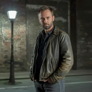 A man standing straight facing the camera, hands in pockets,
