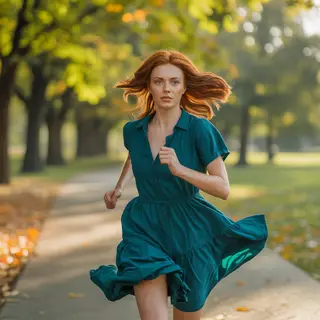 A woman mid-stride running through a park, hair and clothes 