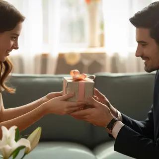 One person handing a small gift box to another person, both 