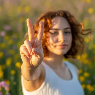 A person making a peace sign with their right hand, clearly 