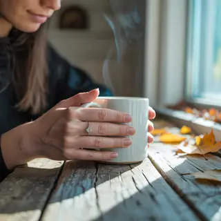 A person holding a white ceramic coffee mug by the handle wi