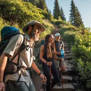 Three hikers on a trail: a man with a backpack and sunhat, a