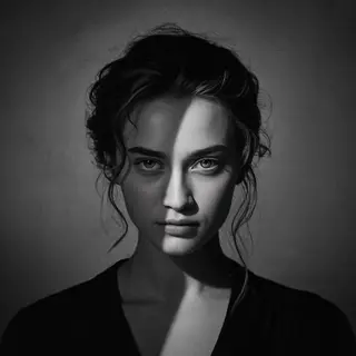A portrait with dramatic split lighting — half the face brig