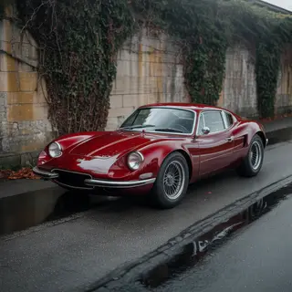 A bright red sports car parked on a gray asphalt road — the 