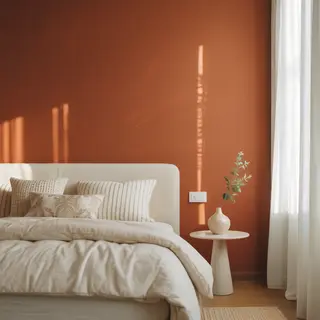 A bedroom wall painted in #FF6B35 (burnt orange) with white 